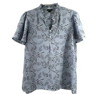 Ann Taylor Factory Women's Blouse Powder Blue Gray Paisley Short Sleeve Size S